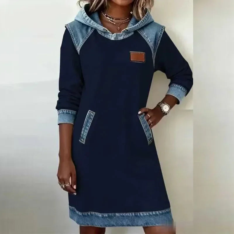 Winter Hoodies Sweatshirt Dress Autumn Pullover Denim Contrast Patchwork Hoodeder Dress Woman Casual Long Sleeve Pocket Dress