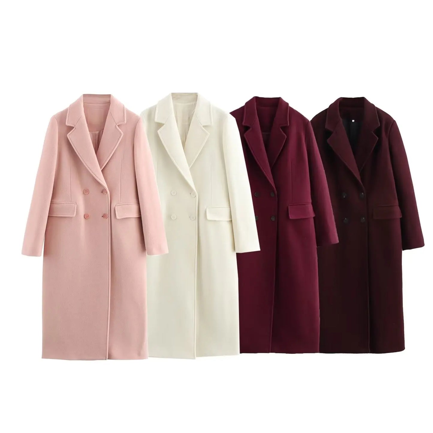 HH Female Autumn Winter Fashion Woolen Long Coat Woman Casual Turn-Down Collar Long Sleeves Pockets Double Breasted Coat