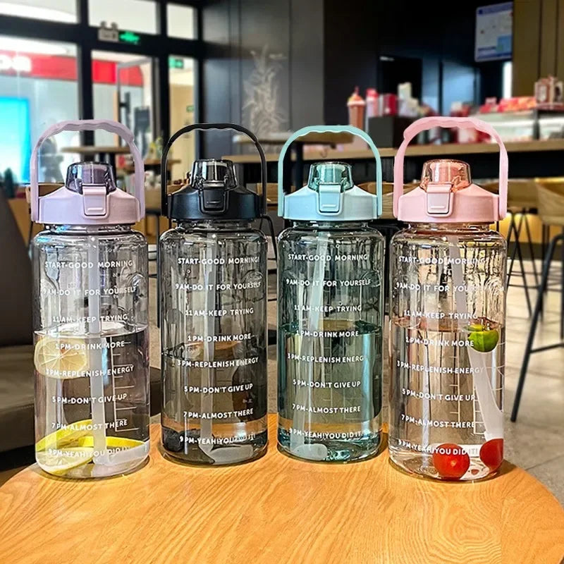 2 Liters Plastic Kettle Large Portable Travel Water Bottle with Straw Sports Fitness Cup High Value Big Fat Cup Adult Universal