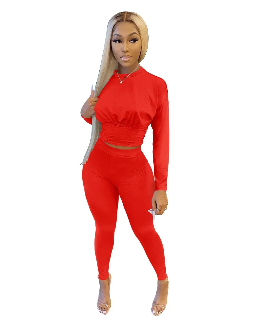 New Autumn Women's Pure Color Sports Waist Suit Fashion Casual Two-piece Set