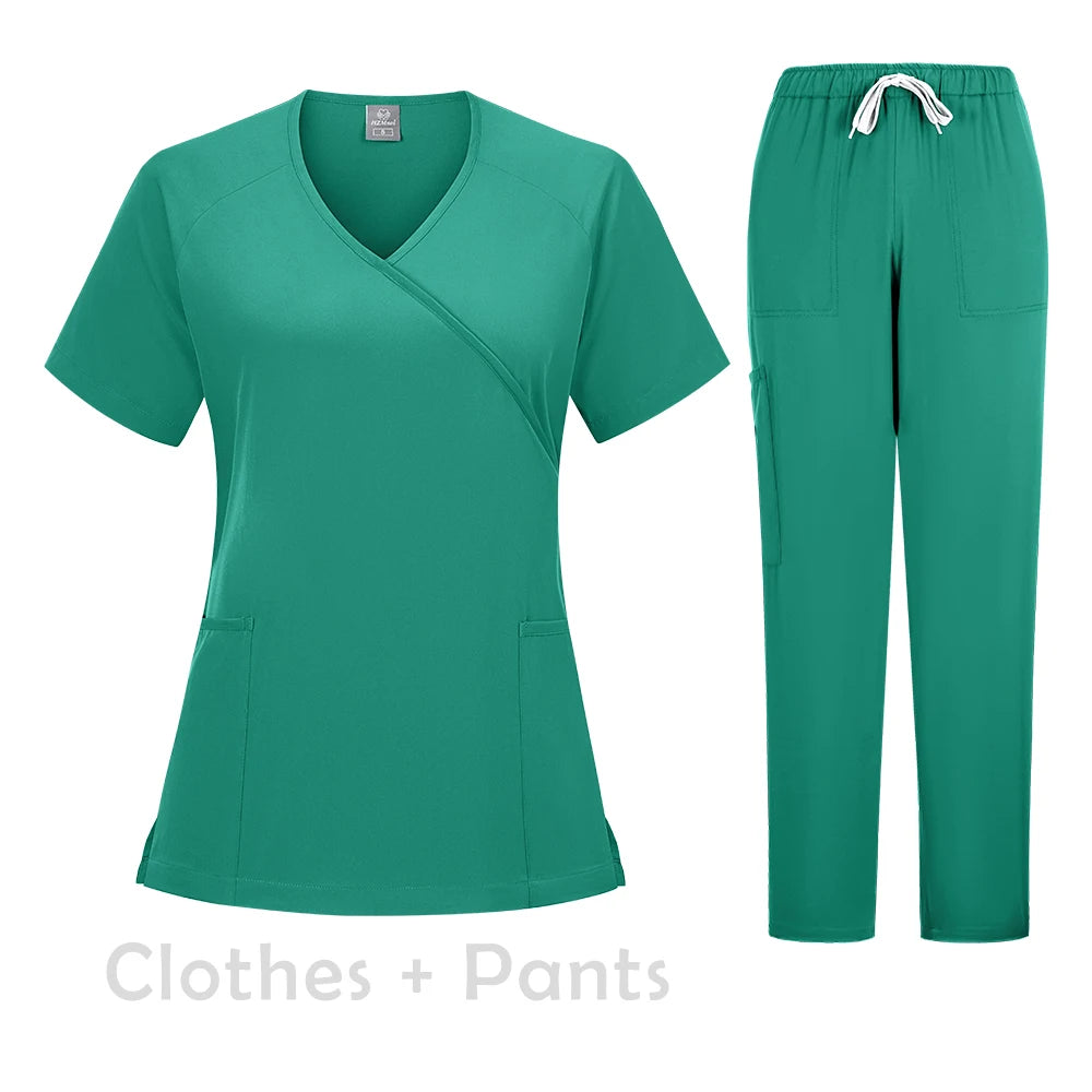 New Scrubs Set Medical Uniforms Stretch Scrub Tops with Pocket Pants Nurse Uniform Doctor Surgery Overalls Beauty Salon Workwear
