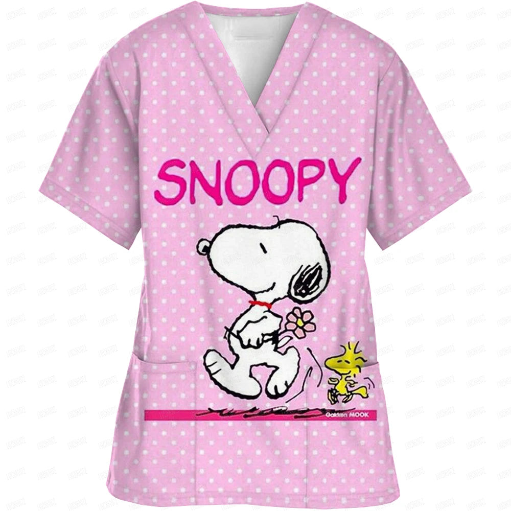 Snoopy print Working Nurse Uniform Women Short Sleeve Pocket Blouse Scrubs Tops Nursing Medical Accessories oversized tshirt