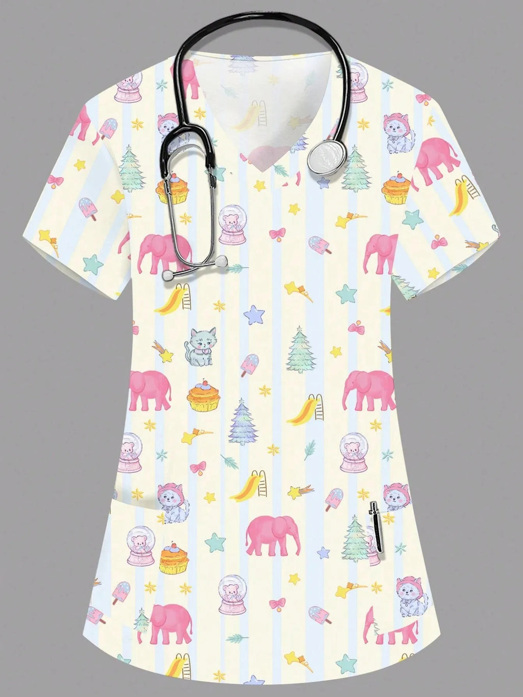 Women's V-neck Nurse Uniform Pocket T-shirt, Butterfly Print Surgical Gown Top, Nursing Work Top, Daily Commute Wear