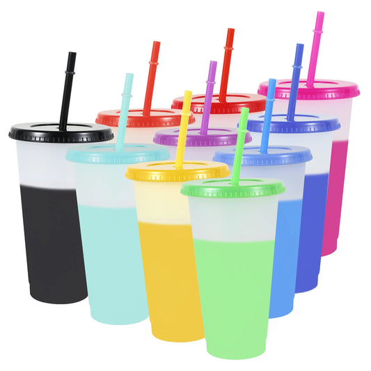 10Pcs Color Changing Cups Plastic Straw/Cup Large Capacity Cold Drinking Cup Fashion Water Bottle Party Travel Beverage Mug