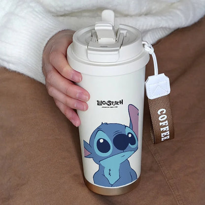 600ML Kawaii Stitch Anime Straw Cup 304 Stainless Cartoon Thermos Cup Portable Double Drinking Water Bottle Gifts For Boys Girls