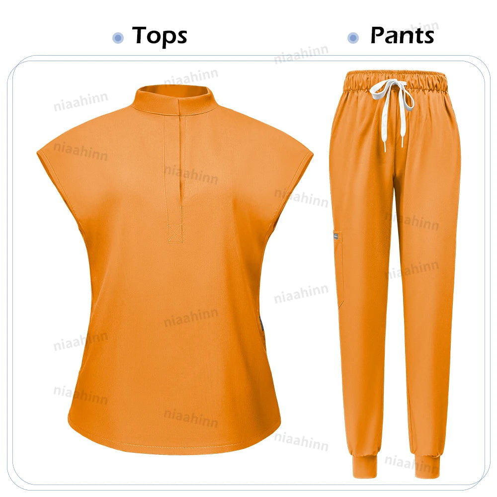 Niaahinn Scrubs Hot Sales Jogger Scrub Sets Women Solid Color Breathable Work Clothes Lab Coat Uniform Hospital Doctor Work Wear