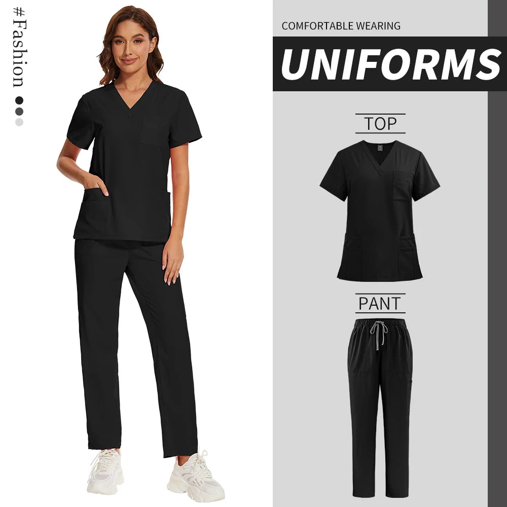 Nursing Operating Room Clothes Medical Scrubs Uniform Women Nurse Scrub Set Pocket Top+Pants 2 Piece Suit