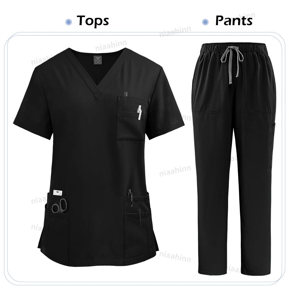 Elastic Scrub Set Operating Room Surgical Uniform Dental Veterinary Work Uniforms V-neck Short Sleeved Tops Pants Suit Wholesale