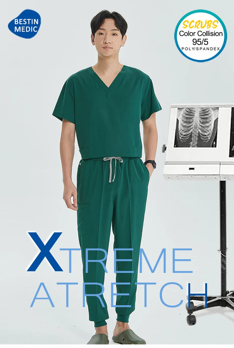 Green Hospital Work Uniforms Short-sleeved Doctor Outfit Clinical Scrub Set for Women Men Nurse V-neck Top Jogger Pant Scrub S21