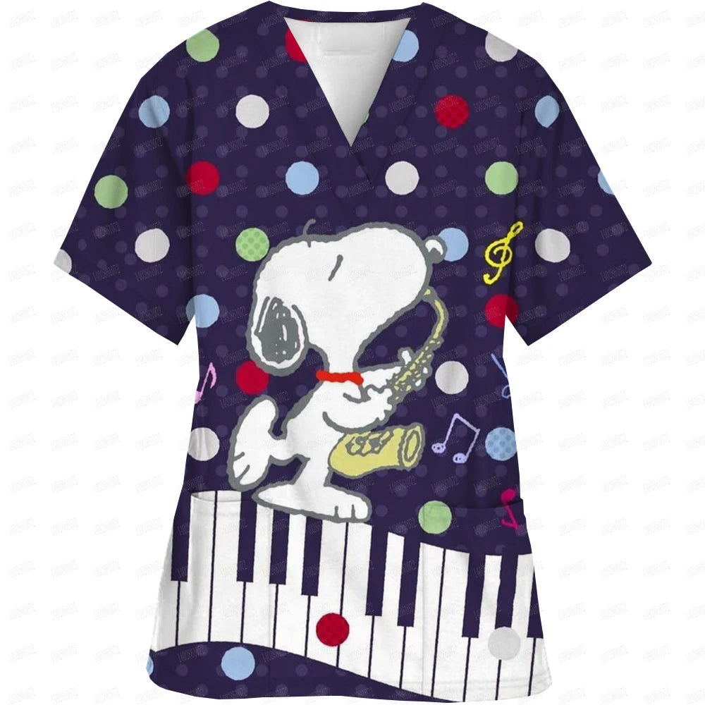 Snoopy print Working Nurse Uniform Women Short Sleeve Pocket Blouse Scrubs Tops Nursing Medical Accessories oversized tshirt