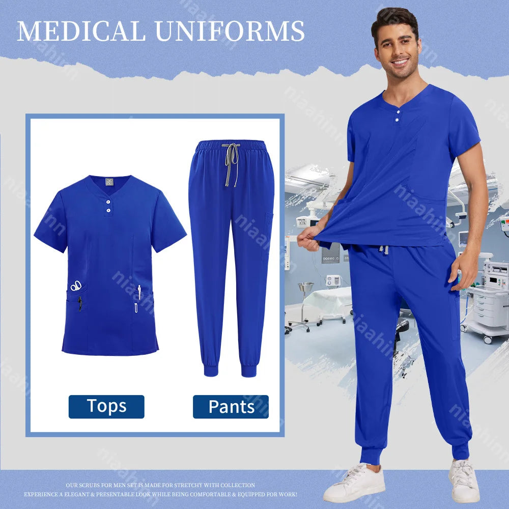 Scrubs Tops Jogger Pants Set Men Nurse Uniform Wholesale Lab Dustproog Workwear Doctor Uniform Suit for Men Medical Clothing Set