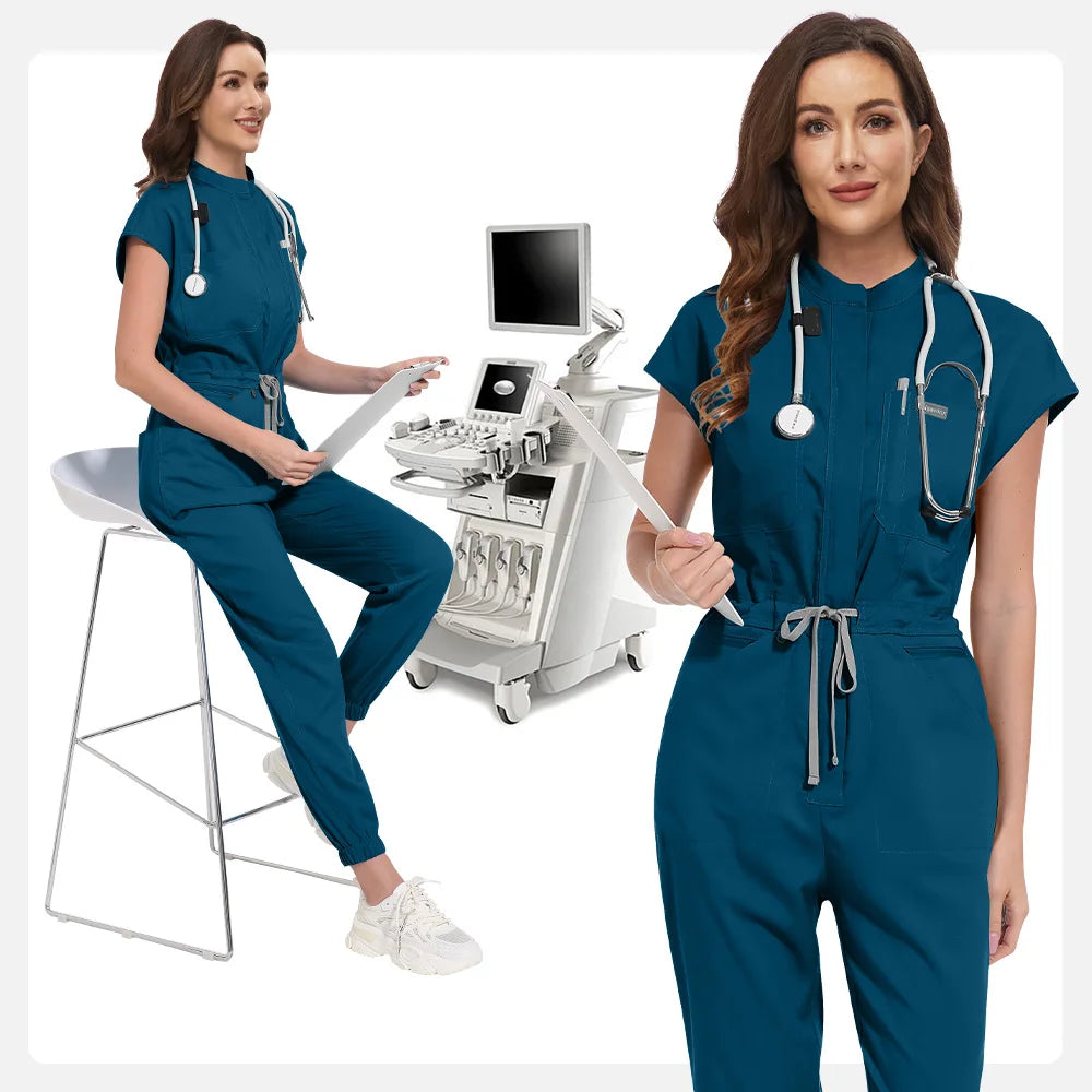 Niaahinn Zipper Neck Lab Jumpsuit Pet Grooming Nurse Uniform Onesie Short Sleeved Scrubs Workwear Health Service Nursing Clothes