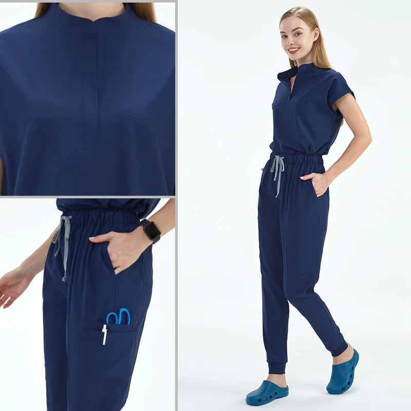 Premium Women's Scrub Sets Mandarin Collar Nurse Uniform Doctor Clothes Tunic Jogger Pant Surgical Scrubs Outfit 10 Pockets S180