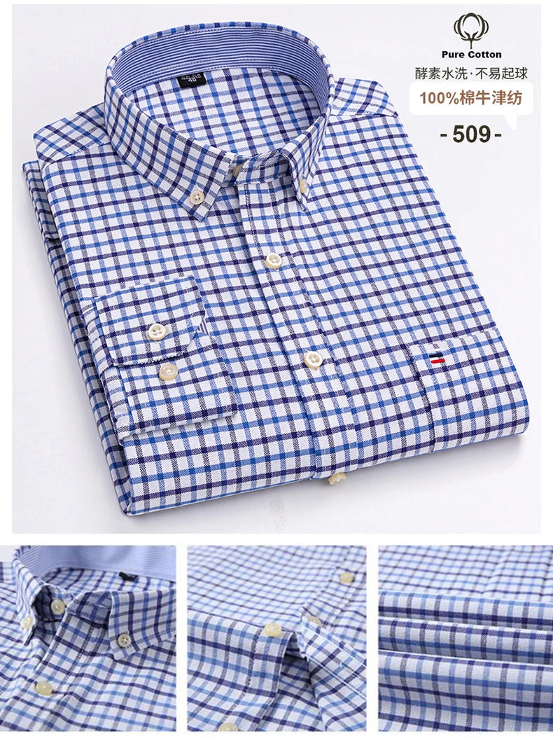 New S-7XLCotton Oxford Shirt For Mens Long Sleeve Plaid Striped Casual Shirts Male Pocket Regular-Fit Button-Down Work Man Shirt