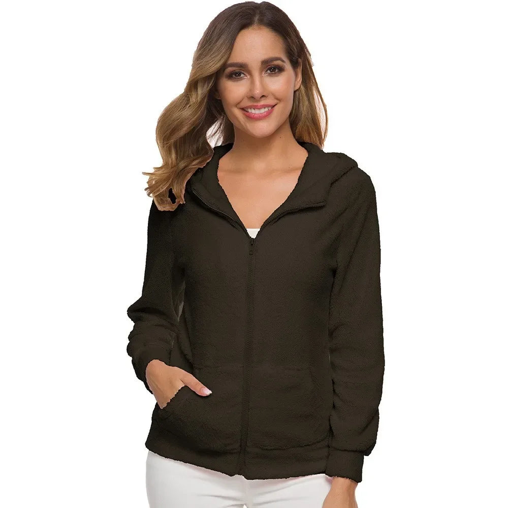 Autumn Winter Warm Jacket Women Hoodie Hooded Casual Female Hoodies Sweatershirt Zipper Coat Solid Soft Fleece Women Coat
