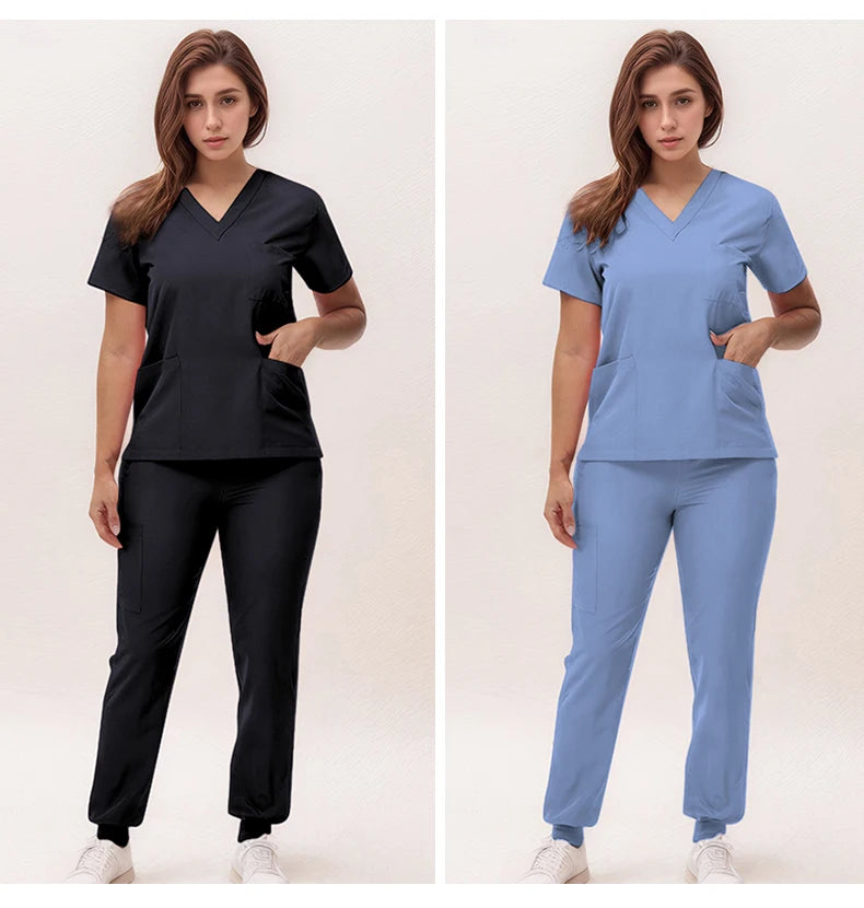 Short Sleeves Nurse Uniforms V-neck Top Jogger Pants  Women Surgical Scrubs Dentist Nursing Suit Pet Hospital Doctor Outfit S21