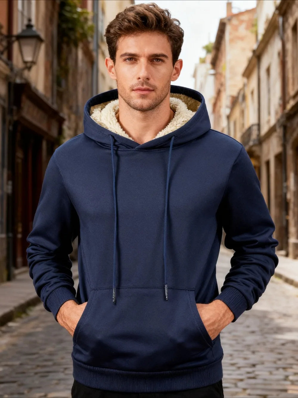 Winter Men's Fleece Hoodies Solid Color Casual Warm Long Sleeve Pullover New Crew Neck Hooded Sweatshirt Streetwear Men Clothing