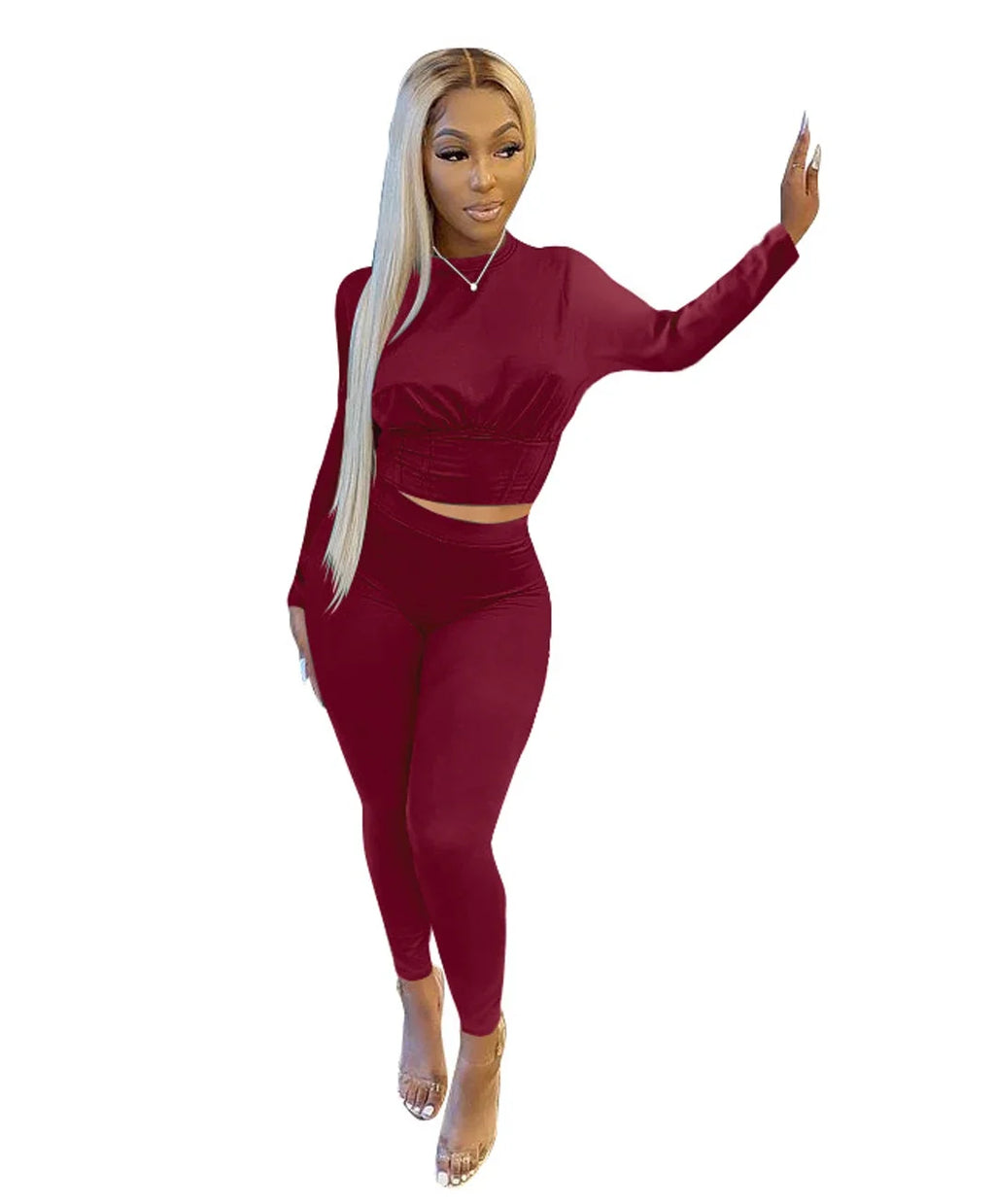 New Autumn Women's Pure Color Sports Waist Suit Fashion Casual Two-piece Set