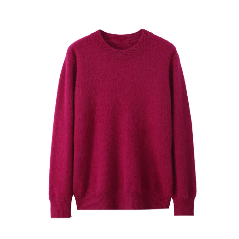 Autumn Winter Sweater Pullover Women's Clothing 100% Mink Cashmere Sweater Pullover O-Neck Basic Long Sleeve Warm Fleece Knitted