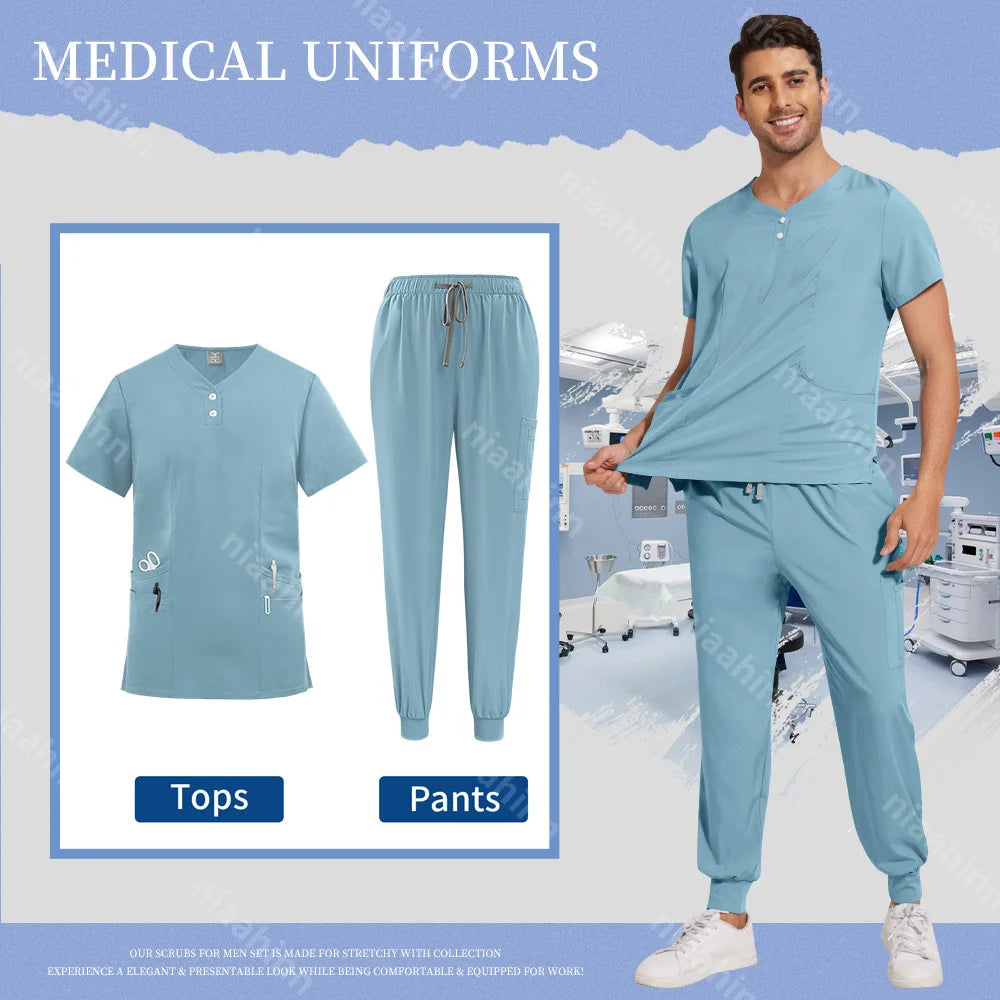 Scrubs Tops Jogger Pants Set Men Nurse Uniform Wholesale Lab Dustproog Workwear Doctor Uniform Suit for Men Medical Clothing Set