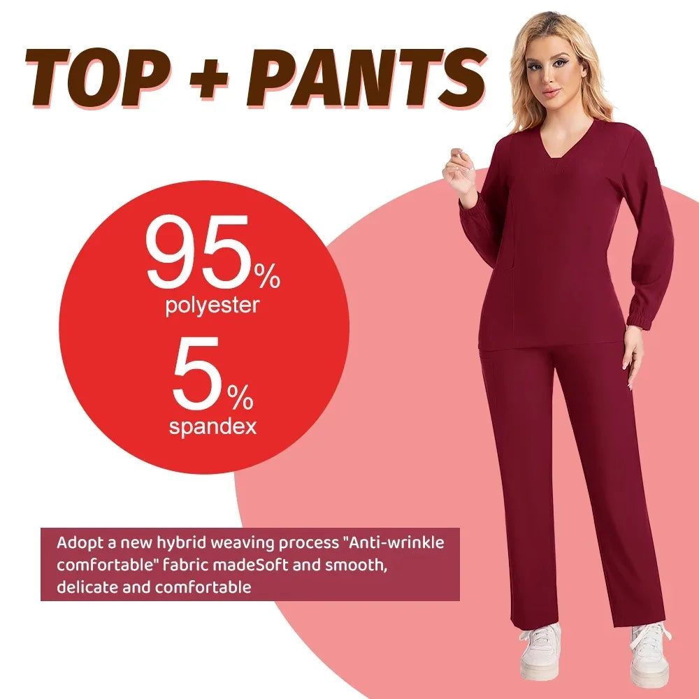 Long sleeves Scrubs Medical Scrub Soft Breathable Jogger Pants Set Surgical Uniforms Woman NursingClinical Doctor Workwear