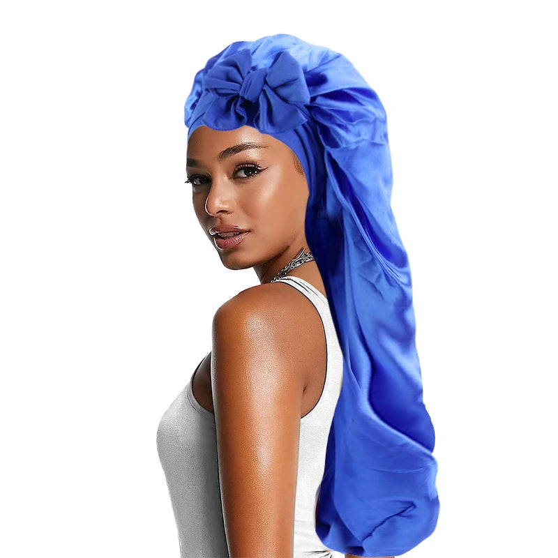 Women long Oversized Elastic Satin Bonnet Sleeping Cap With Ribbon Breathable Sleeping Cap Turban Sleep Headwear Bandanas