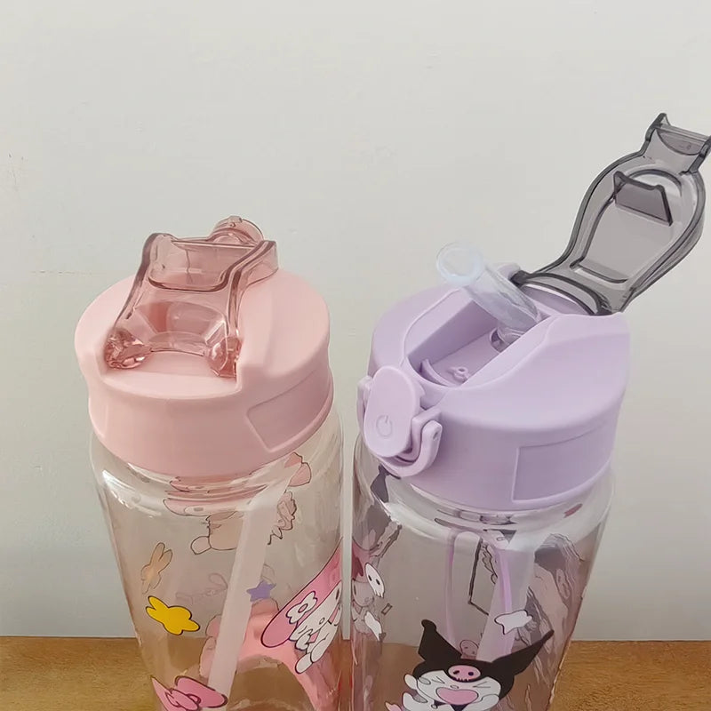800ML Children's Cartoon Kuromi Transparent Pop-up Spout Water Cup Hand-held Strap Anti-fall Kettle Portable Outdoor Space Cup