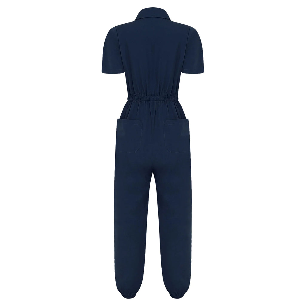 Womens Short Sleeve Scrubs Jumpsuit Front Zipper Elastic Waist Jogger Pants Rompers Nurse Doctor Workwear for Caring Nursing