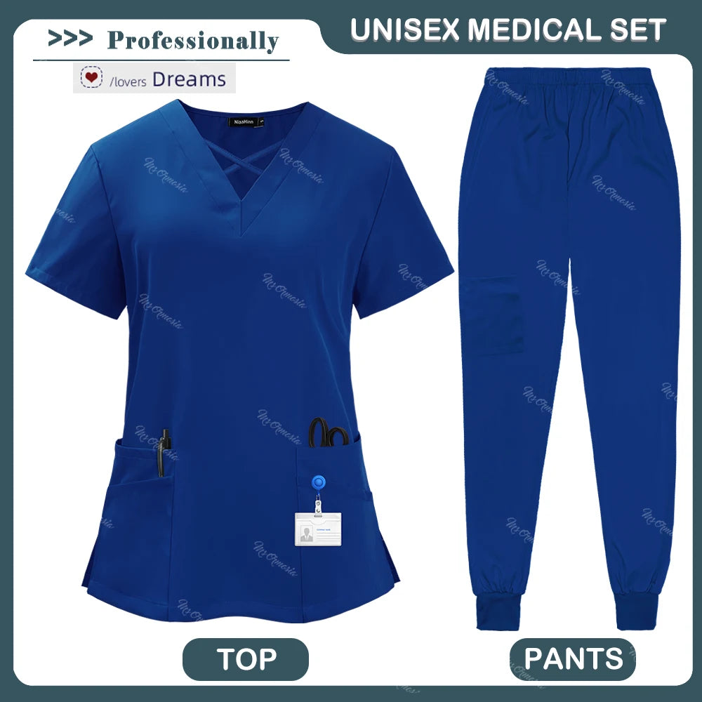 Beauty Tops+pants Medical Uniform Surgery Scrubs Set Short Sleeve Pet Shop Doctor Nurse Nursing Uniform Women Workwear Scrub Set