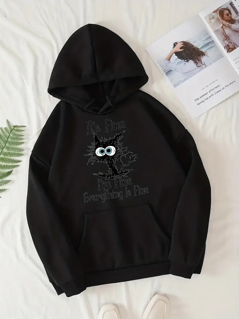 I'm Fine Everthing Is Fine Letter Printed Women Hoodies Fashion Fleece Hoody Creativity Pullover Street Loose Cotton Sweatshirts