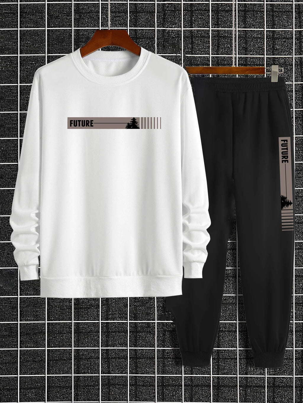 Men's Autumn and Winter Set With Future Print Casual Long Sleeve Pants Two-pieces Suit Comfortable Sportswear Suit Crew Neck