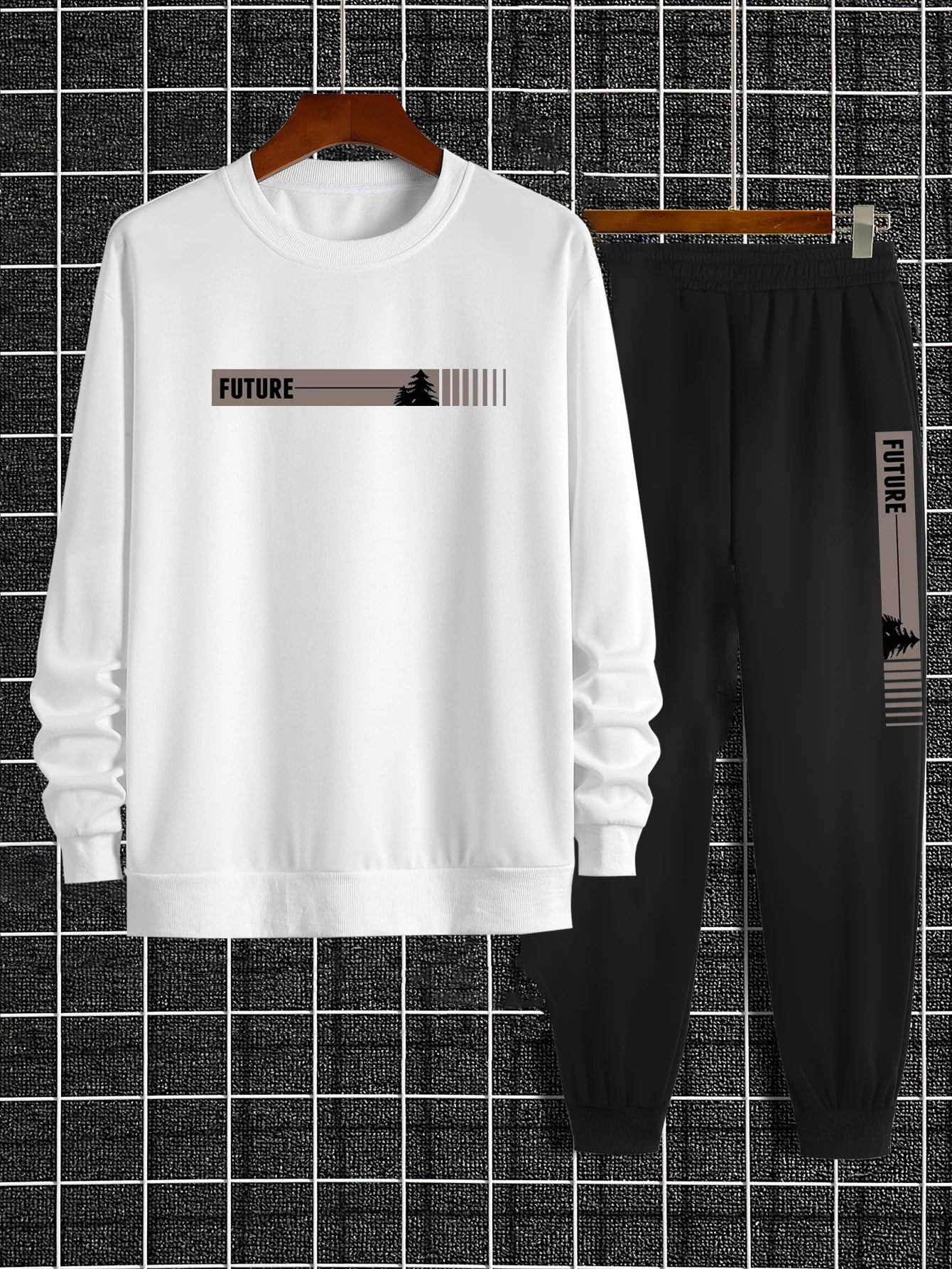 Men's Autumn and Winter Set With Future Print Casual Long Sleeve Pants Two-pieces Suit Comfortable Sportswear Suit Crew Neck