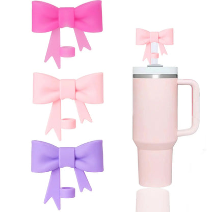 3 Pcs Classic Pink Bow Straw Covers Cap Toppers Compatible with Stanley 30&40 oz Tumbler Cups,Reusable Cute Silicone Straw Tips