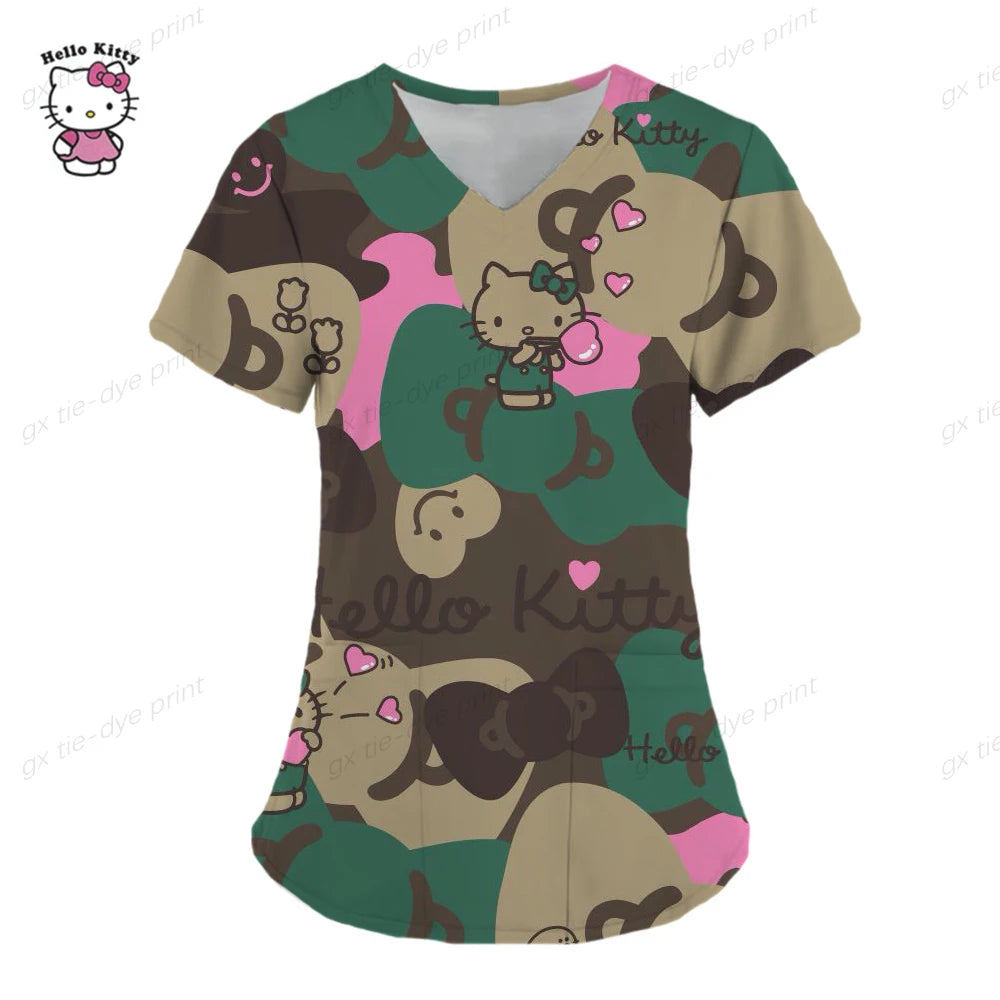 Hello Kitty Uniform Women's Cartoon Hello Kitty Print Nurse Work Shirt Pocket Gown Christmas Healthcare Nurse Scrubs