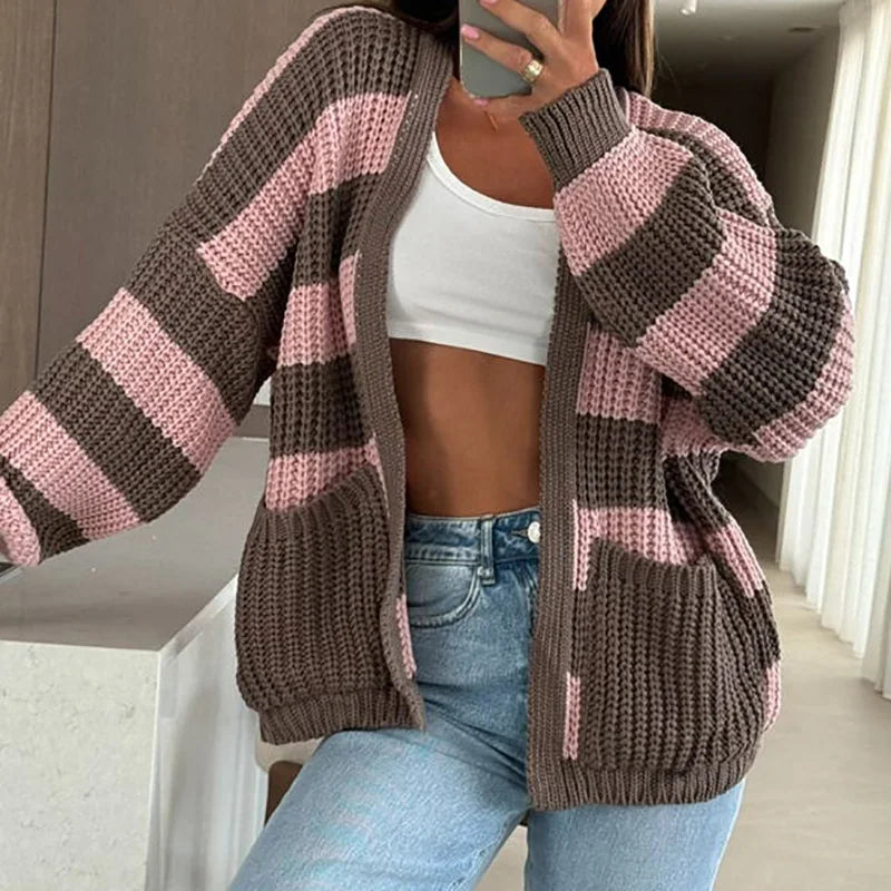 Autumn Winter Warm Knitted Sweater for Women Fashion Contrast Color Loose Top Cardigan Casual Long Sleeve Pocket Jumper Harajuku