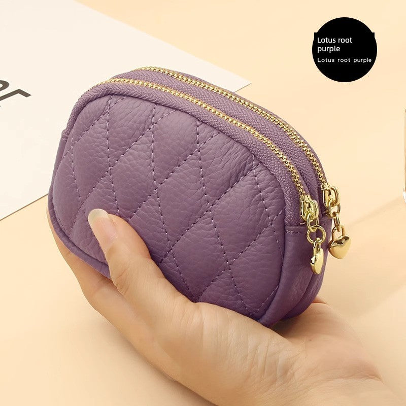 2024 New Arrival First Layer Cowhide Quilted Embroidery Thread Key Ring Buckle Coin Bag Double Layer Zipper Genuine Leather Mini Purse Women