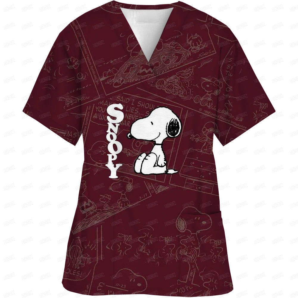 Snoopy print Working Nurse Uniform Women Short Sleeve Pocket Blouse Scrubs Tops Nursing Medical Accessories oversized tshirt