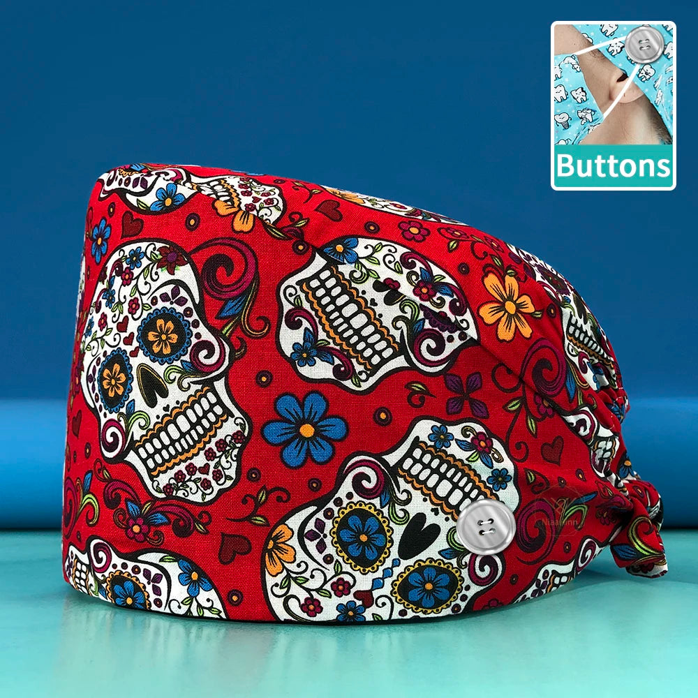 Pill Capsule Pattern Pink Scrubs Cap Female Nurse Medical Clinic Accessories Women's Operating Room Hat with Buttons Cotton Hats