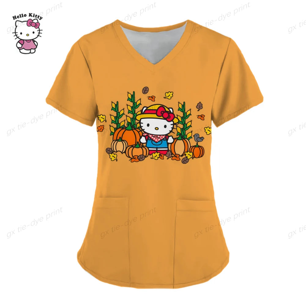 Hello Kitty Uniform Women's Cartoon Hello Kitty Print Nurse Work Shirt Pocket Gown Christmas Healthcare Nurse Scrubs