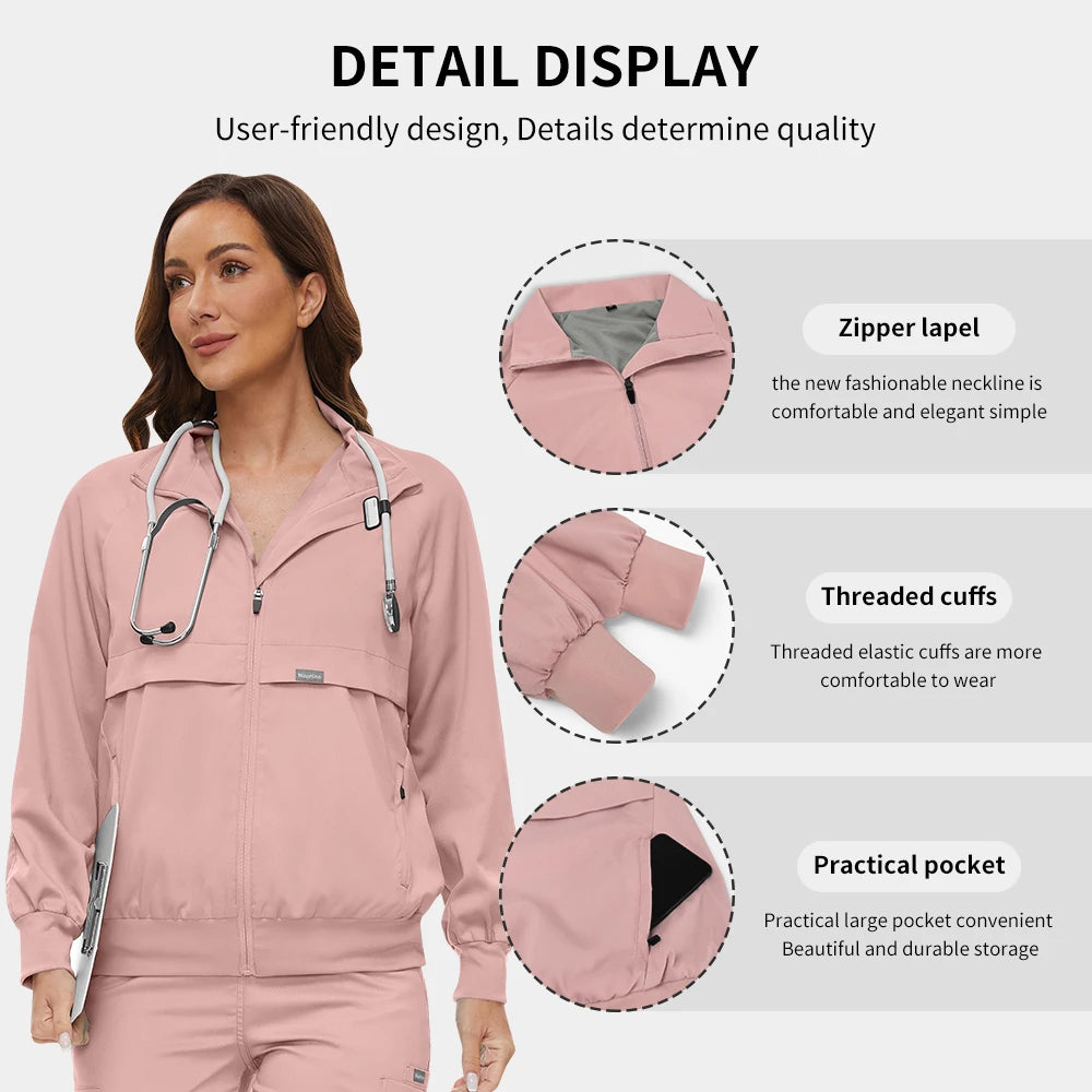 Scrub Jackets Warm Up Medical Scrub Jackets for Women Zip Front Long Sleeved Jacket Doctor Nursing Scrub Outerwear Workwear Tops