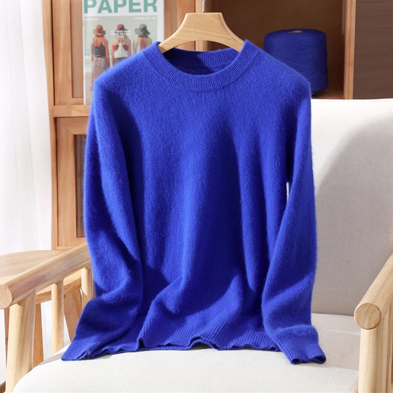 Autumn Winter Sweater Pullover Women's Clothing 100% Mink Cashmere Sweater Pullover O-Neck Basic Long Sleeve Warm Fleece Knitted
