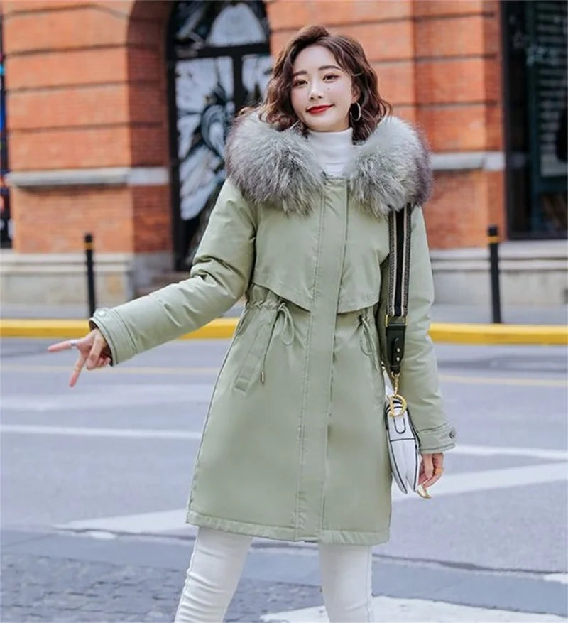 Winter Jacket New Women Parka Clothes Long Coat Wool Liner Hooded Jacket Fur Collar Thick Warm Snow Wear Padded Parka