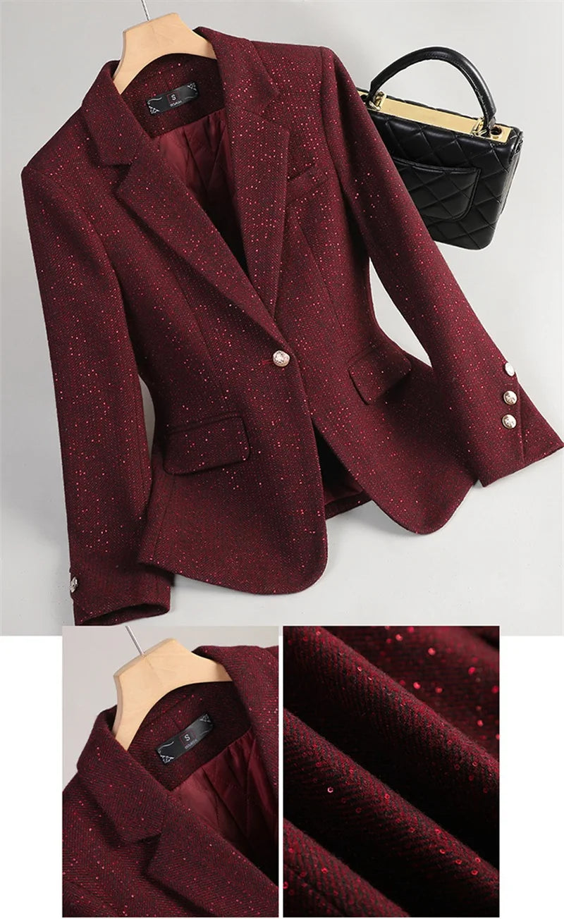 Autumn Winter Women Blazer Long Sleeve Single Button Formal Jacket Business Coat Ladies Office Woolen Suit Coat Female Outerwear