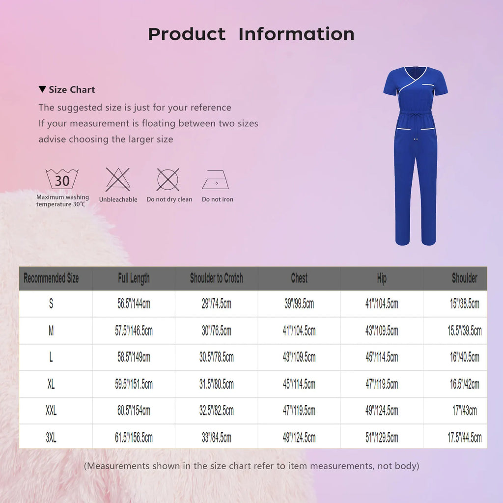 Women Scrub Jumpsuit Nurse Doctor Medical Esthetician Workwear Short Sleeve Multi-pockets Elastic Waist Jogger Pants Rompers