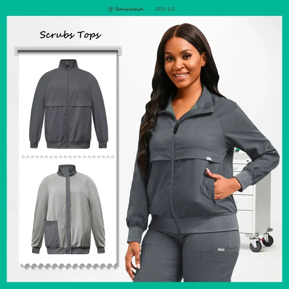 Long Sleeved Medical Scrub Jacket Pharmacy Uniform Women Solid Nurse Hospital Scrub Coat Surgical Uniforms Beauty Salon Workwear