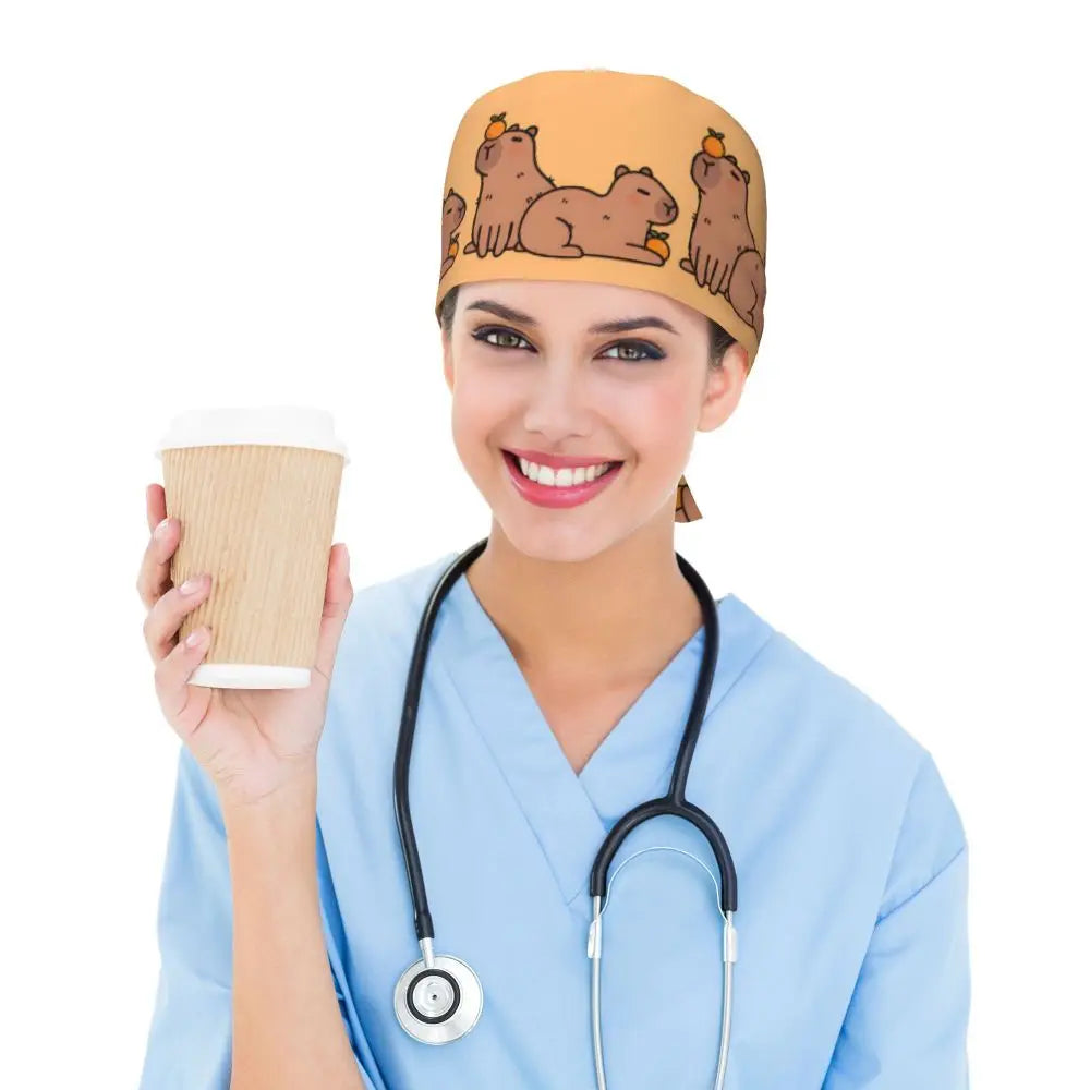 Custom Cartoon Capybara Medical Staff Scrubs Hat Women Men Comic Doctor Nursing Surgical Cap Scrub Caps