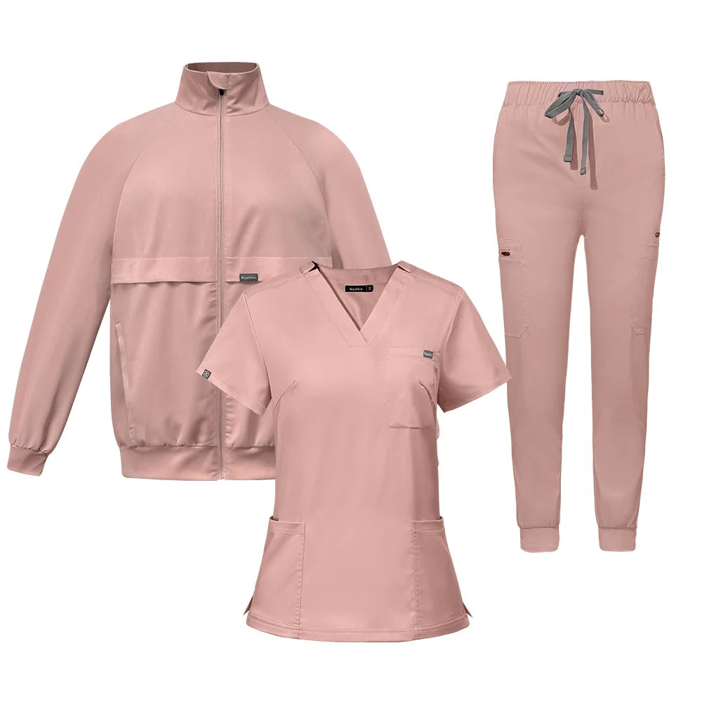 Elastic V-neck nurse hand washing suit three piece set, short sleeved pants and jacket, comfortable surgical suit set