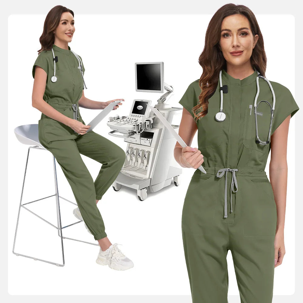 Niaahinn Zipper Neck Lab Jumpsuit Pet Grooming Nurse Uniform Onesie Short Sleeved Scrubs Workwear Health Service Nursing Clothes