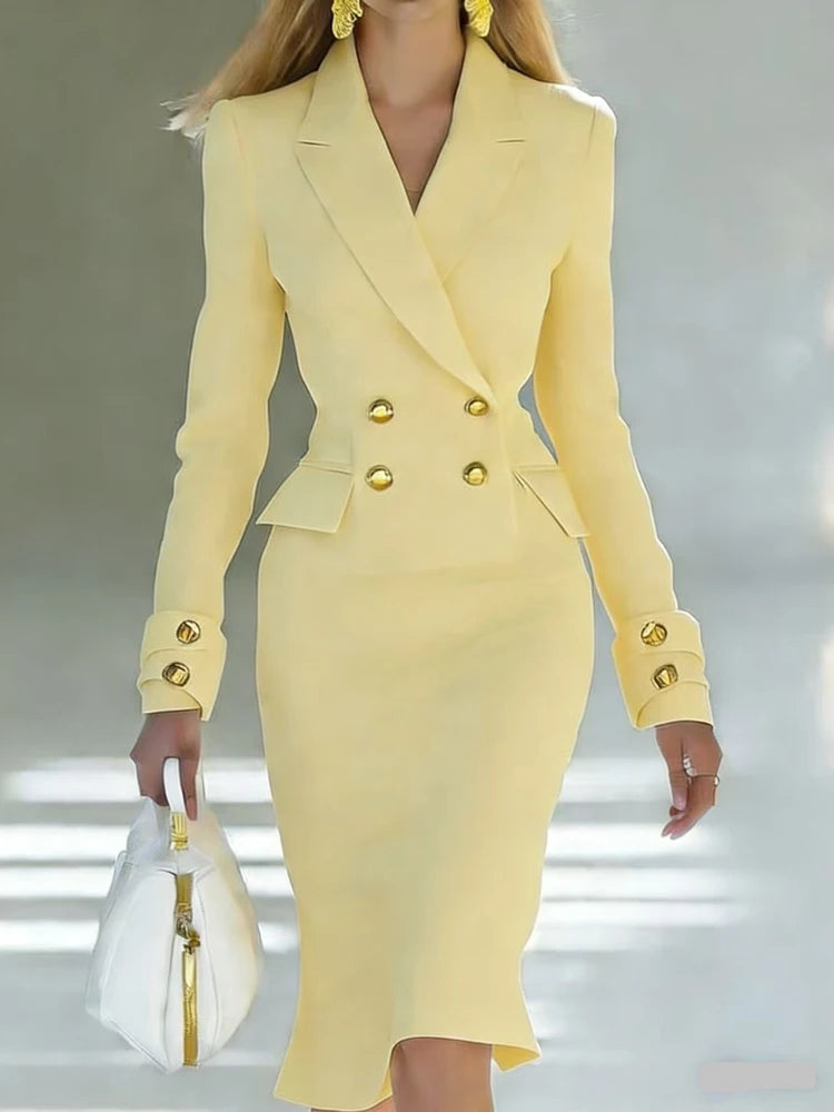 Women Elegant Blazer Dress Spring New Elegant Double Breasted Long Sleeve Dress Office Business Cocktail Party Formal Occasions