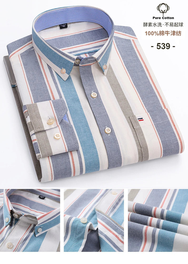 New S-7XLCotton Oxford Shirt For Mens Long Sleeve Plaid Striped Casual Shirts Male Pocket Regular-Fit Button-Down Work Man Shirt